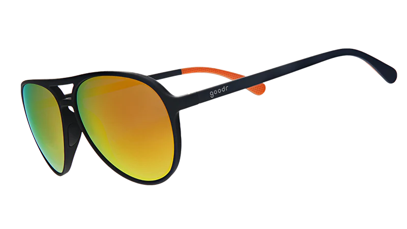 Black aviator sunglasses with amber lenses.
